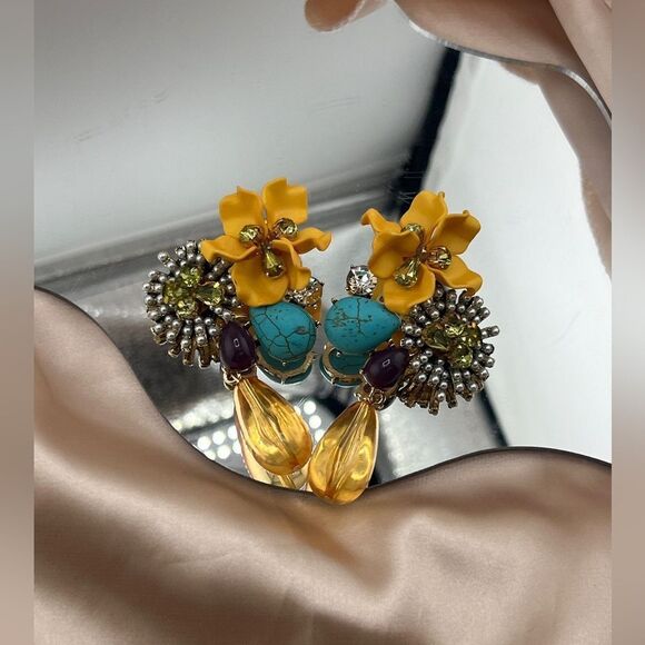 Vibrant Boho Floral and Gemstone Drop Earrings - Picture 5 of 8